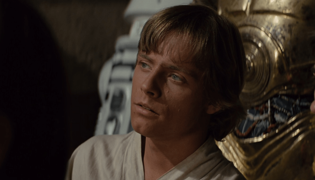 Mark Hamill in una scena del film Star Wars: Una nuova speranza (1977) diretto da George Lucas