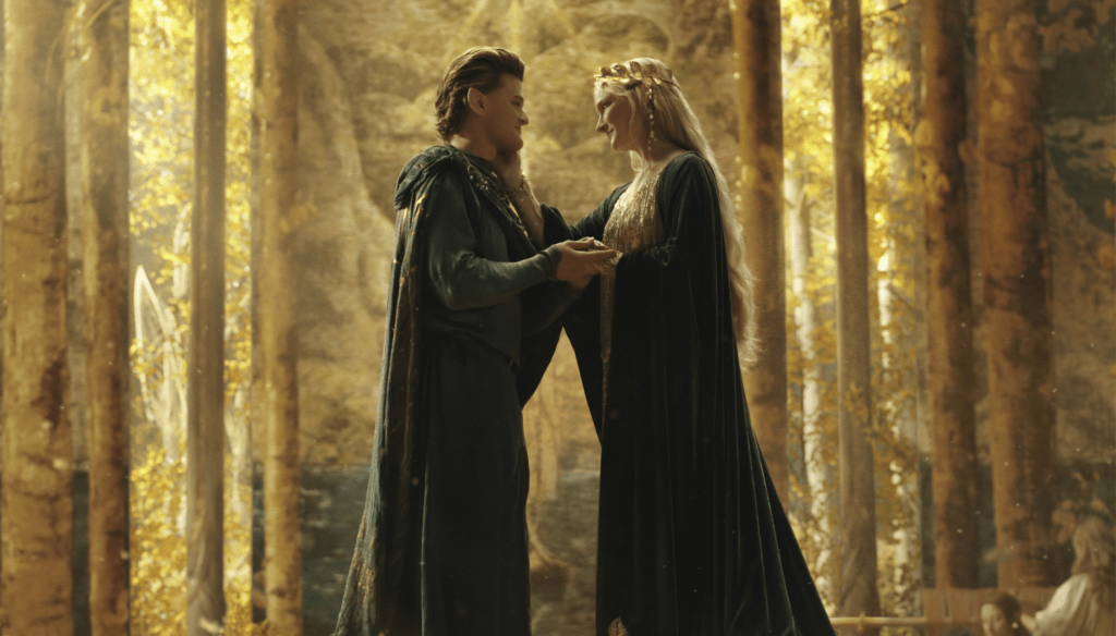 Morfydd Clark nei panni della
giovane Galadriel e Robert Aramayo nei panni di Elrond in una scena di Rings of Power, serie tv Amazon Prime Video prequel del Signore degli Anelli