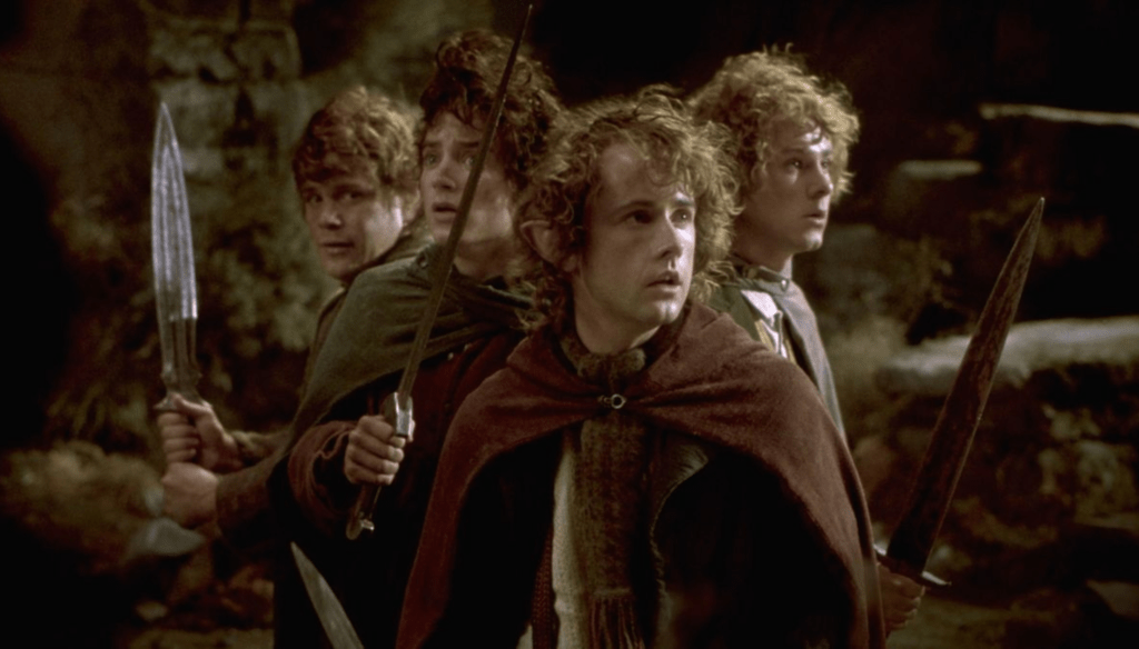 Elijah Wood, Sean Astin, Dominic Monaghan e Billy Boyd in una scena di Il Signore degli Anelli - La compagnia dell'anello (2001) di Peter Jackson
 