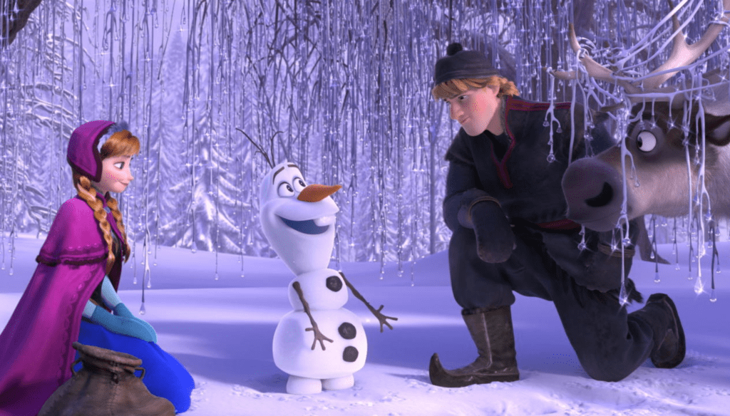 Anna (Kristen Bell), Kristoff (Jonathan Groff) e Olaf (Josh Gadd) in una scena di Frozen (2013) di Chris Buck e Jennifer Lee 