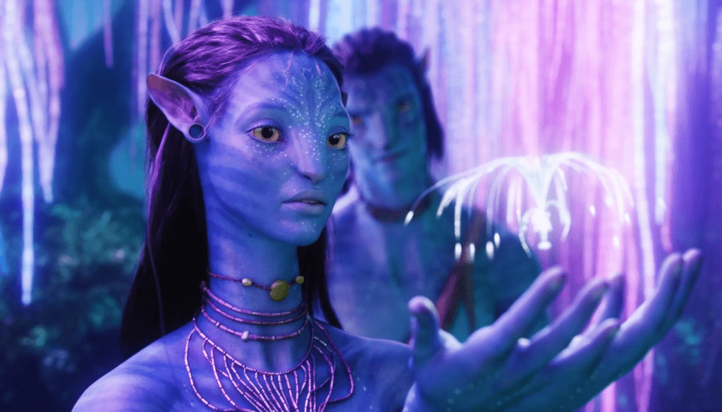 Zoe Saldana e Sam Worthington in una scena di Avatar (2009) di James Cameron