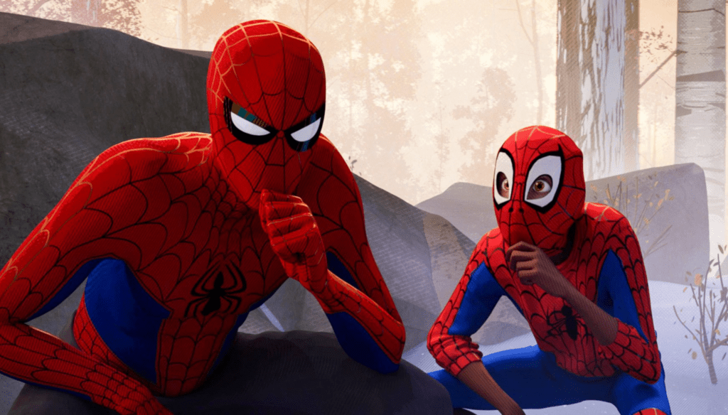 Peter B Parker e Miles Morales in una scena di Spider-Man: into the Spider-Verse (2018) di Bob Persichetti, Peter Ramsey e Rodney Rothman 
