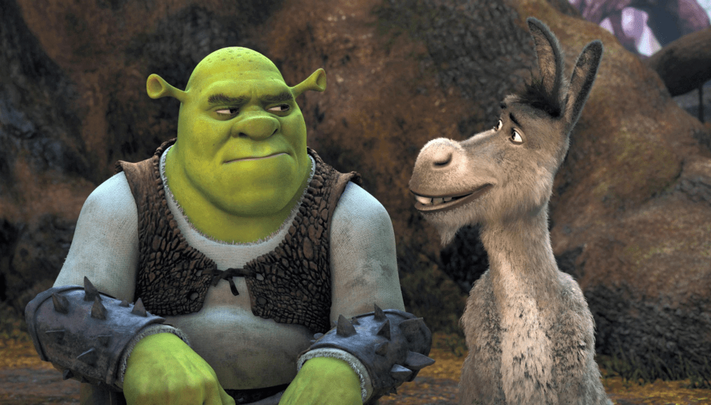 Ciuchino e Shrek in una scena di Shrek (2001) di Andrew Adamson e Vicky Jenson