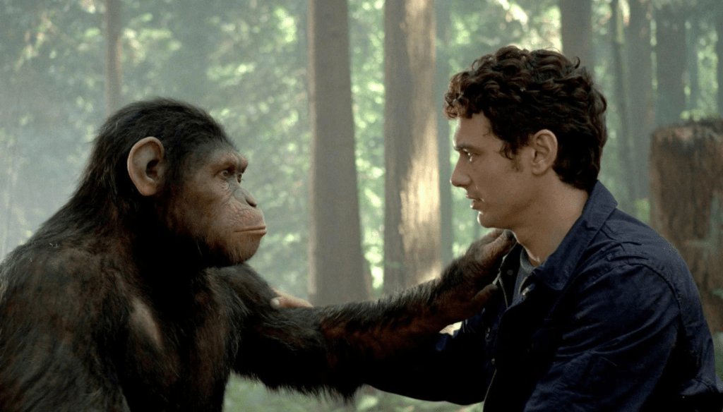 Cesare (Andy Serkis) e James Franco in una scena di Rise of the Planet of the Apes (2011) di Rupert Wyatt