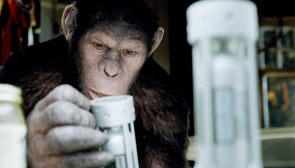 Cesare (Andy Serkis) e in una scena di Rise of the Planet of the Apes (2011) di Rupert Wyatt