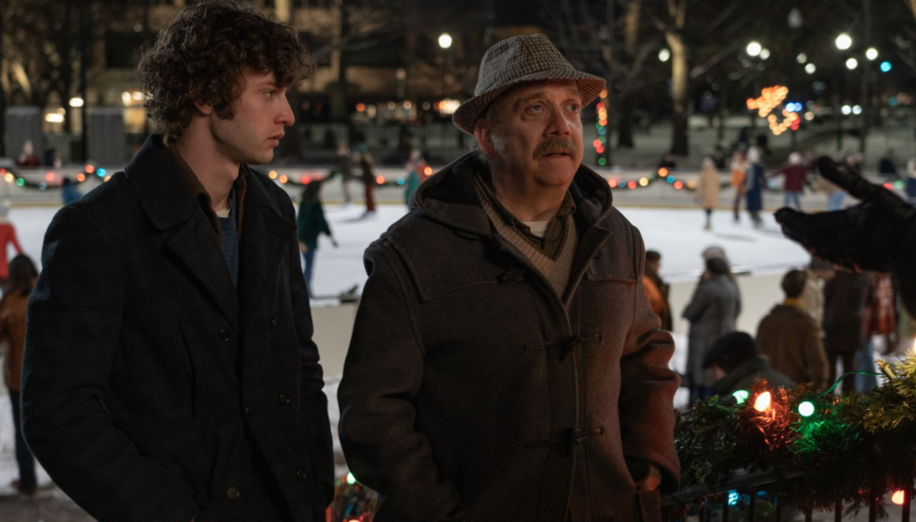 Paul Giamatti e Dominic Sessa in una scena di The Holdovers (2023) di Alexander Payne