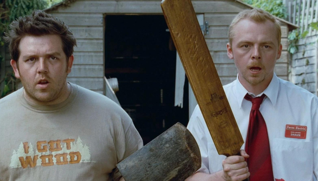 Simon Pegg e Nick Frost in una scena di Shaun of the dead (2004) o L'alba dei  morti dementi, primo capitolo della Trilogia del Cornetto di Edward Wright
