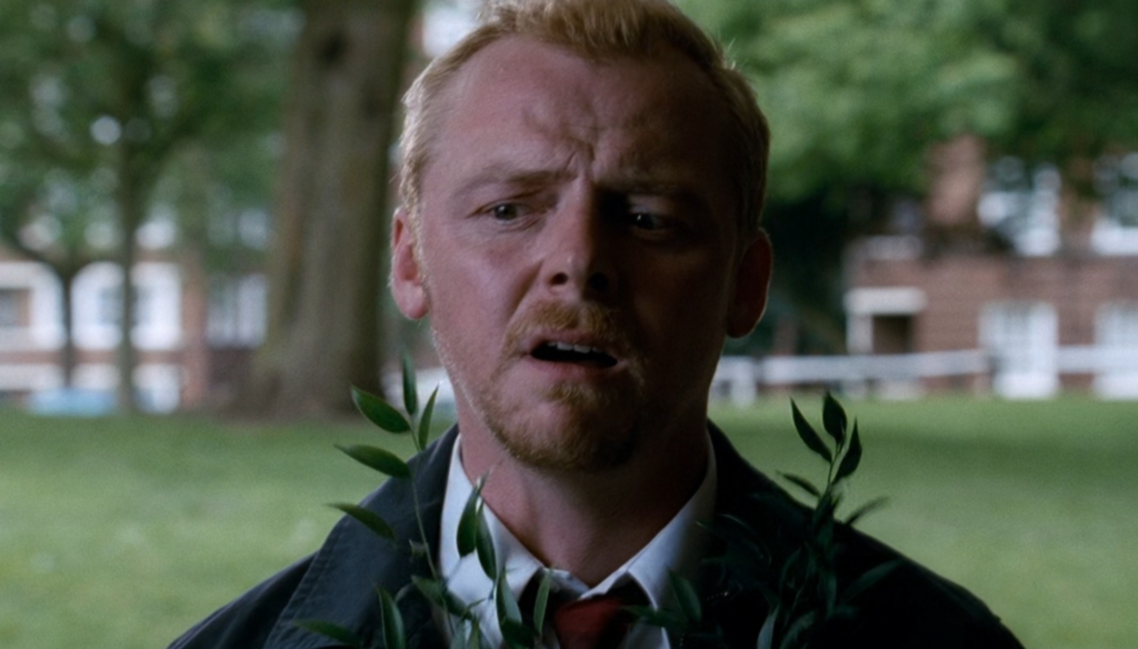 Simon Pegg in una scena di Shaun of the dead (2004) o L'alba dei  morti dementi, primo capitolo della Trilogia del Cornetto di Edward Wright