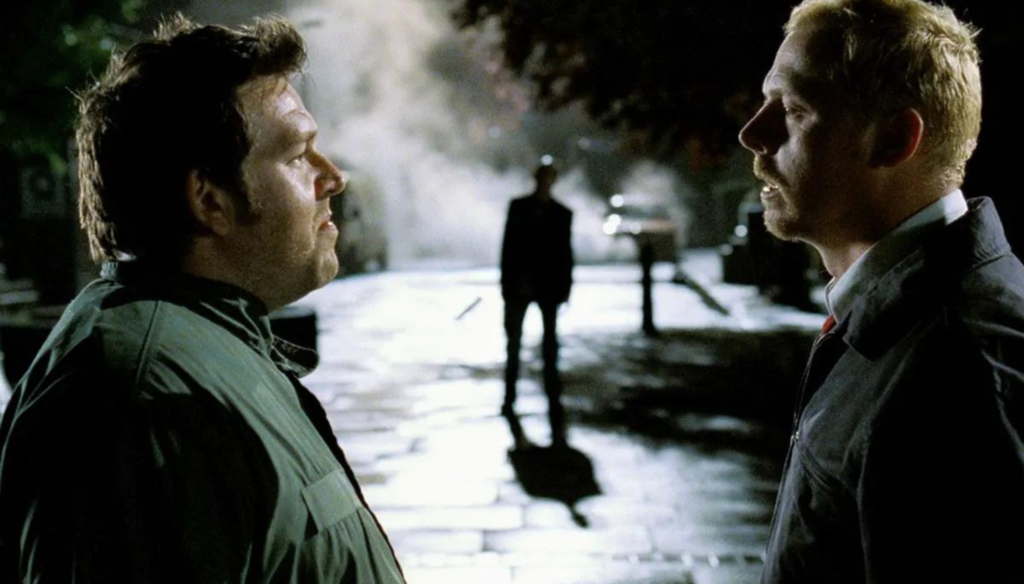 Simon Pegg e Nick Frost in una scena di Shaun of the dead (2004) o L'alba dei  morti dementi, primo capitolo della Trilogia del Cornetto di Edward Wright