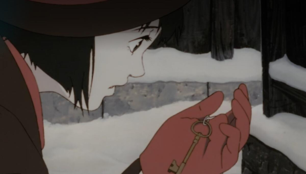 Chiyoko Fujiwara trova la chiave in una scena di Millennium Actress (2001) di Satoshi Kon